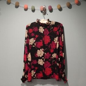 Vince Camuto Black Floral Ruffle-Neck Long Sleeve Blouse